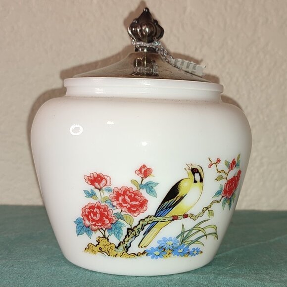 Avon Sugar Jar Vintage Silver Plated Lid Bird Flowers Design boho Bohemian old - Picture 2 of 10